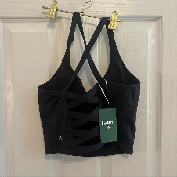 NWT HALARA Black Strappy Sports Bra/ crop top with Ladder Back - Picture 2 of 6